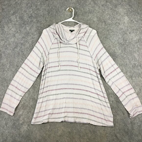 Torrid Top 2 2X Cowl Neck Slim Fit Semi Sheer Striped Beachy Hooded Long Sleeve - Picture 1 of 14